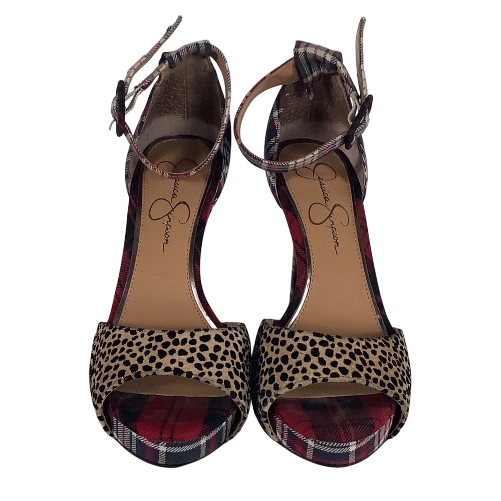 Jessica Simpson Plaid Leopard‎ Print Platform Sandals Red Blue Animal Size 7M